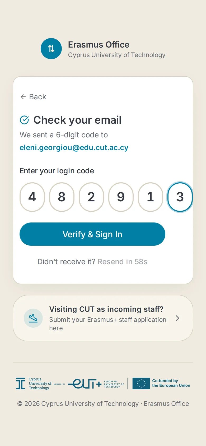 The six-digit code entered and the Verify & Sign In button