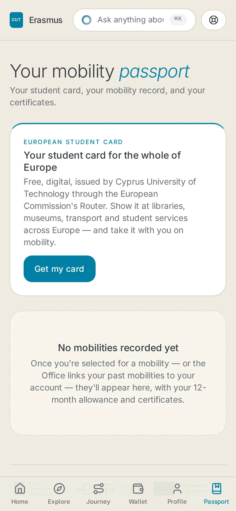 The Passport with the European Student Card invitation and the Get my card button