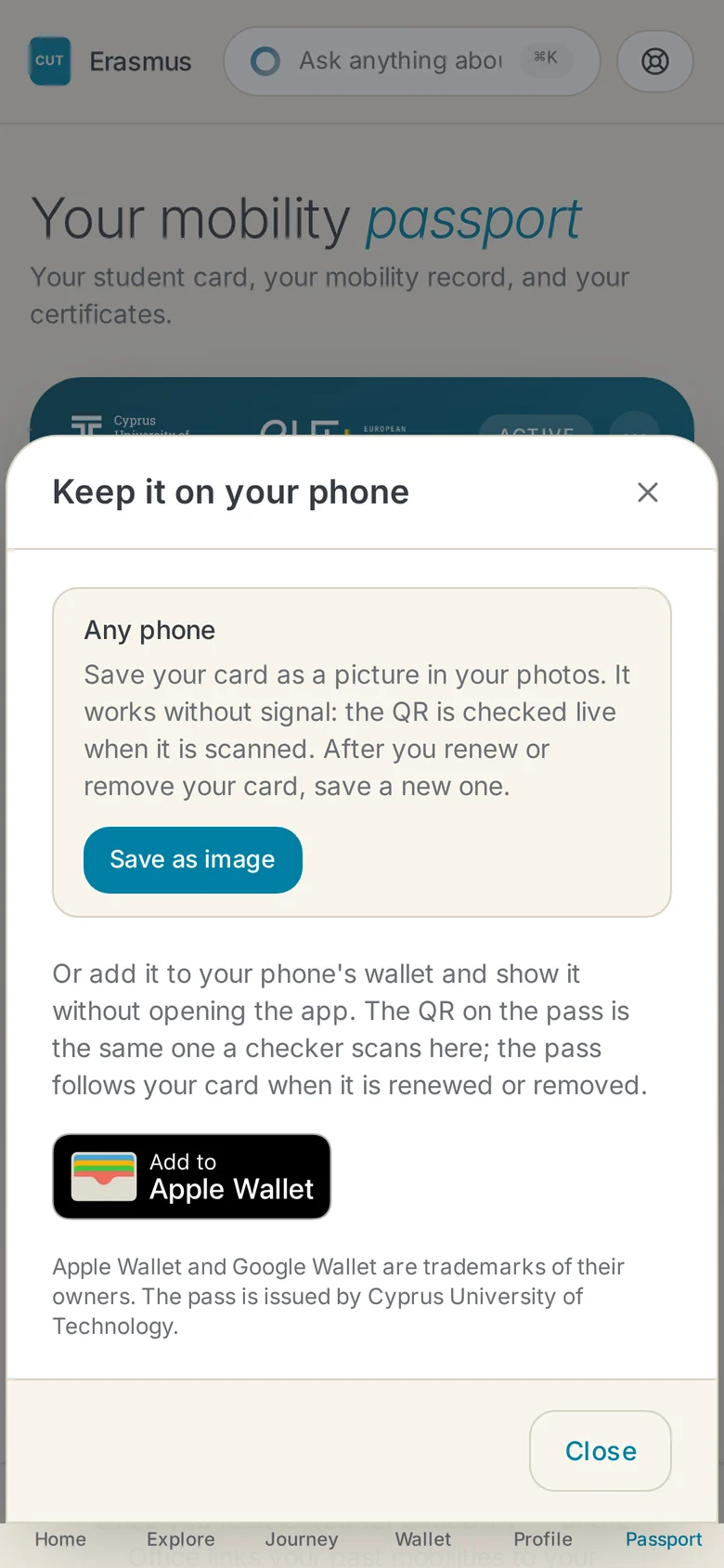 Keep it on your phone on an iPhone: Save as image first, then Add to Apple Wallet