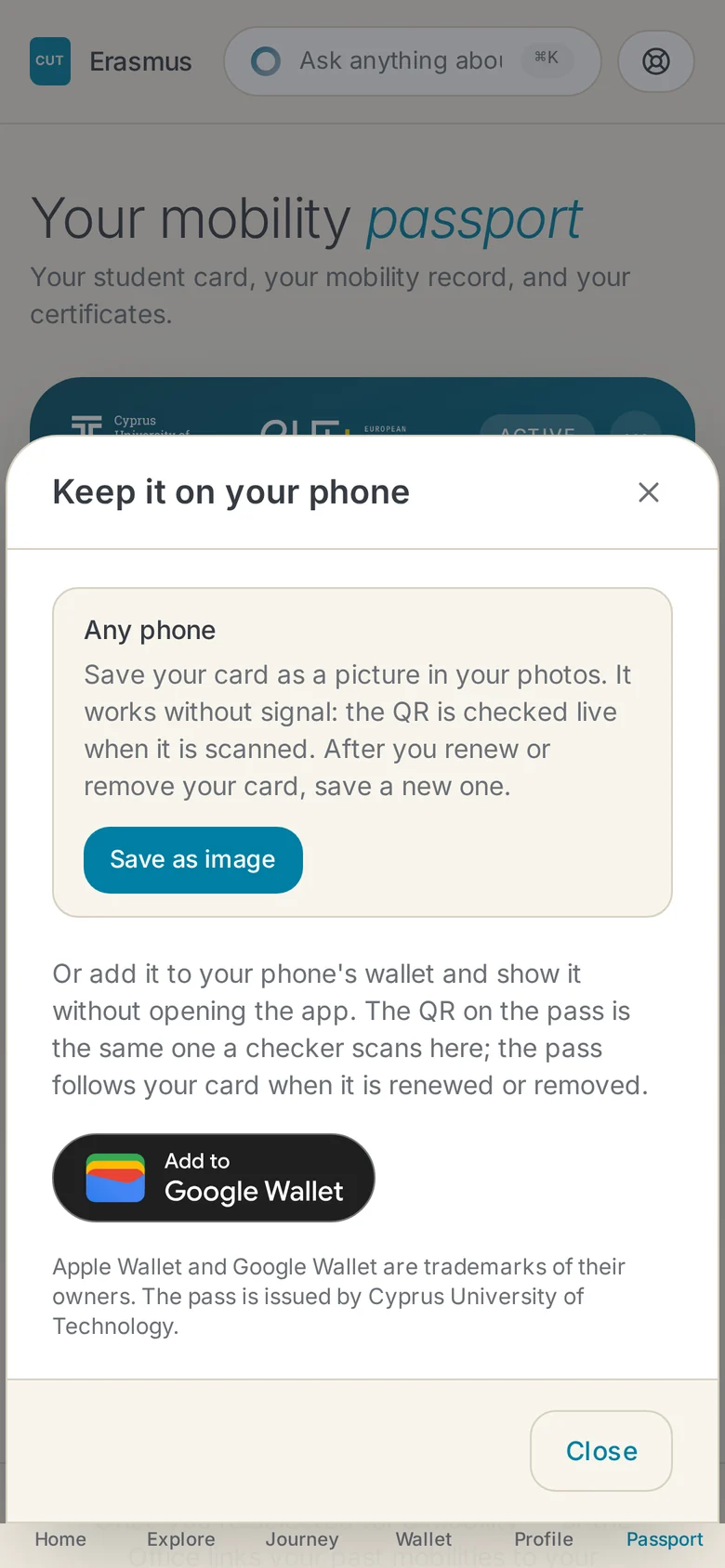 Keep it on your phone on Android: Save as image first, then Add to Google Wallet
